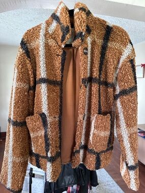 Stoosh Brown & Cream Plaid Teddy Coat